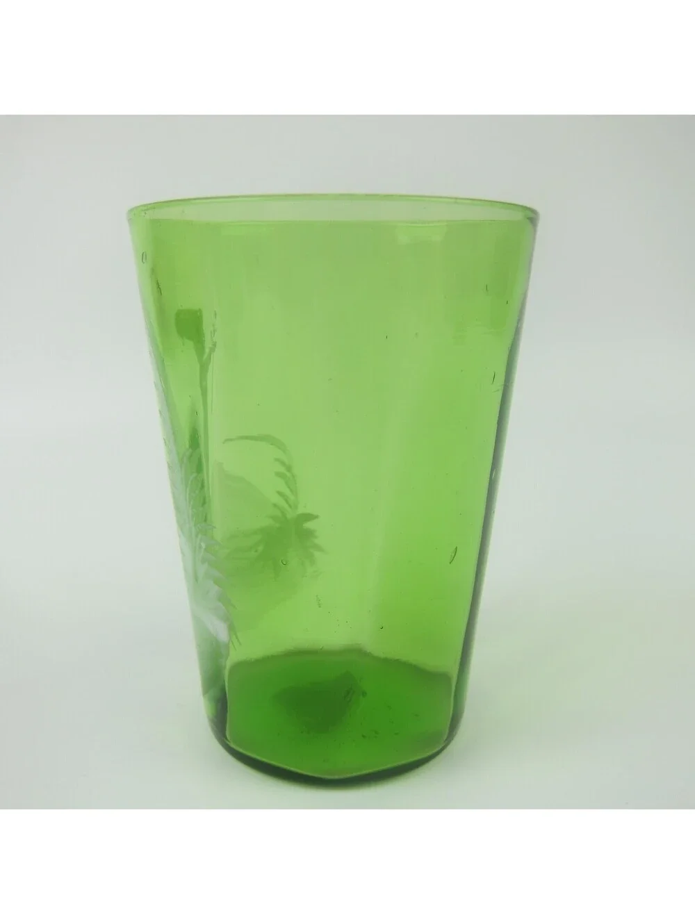 Antique Mary Gregory Green Drinking Glass Victorian Tumbler Boy Holding Flowers